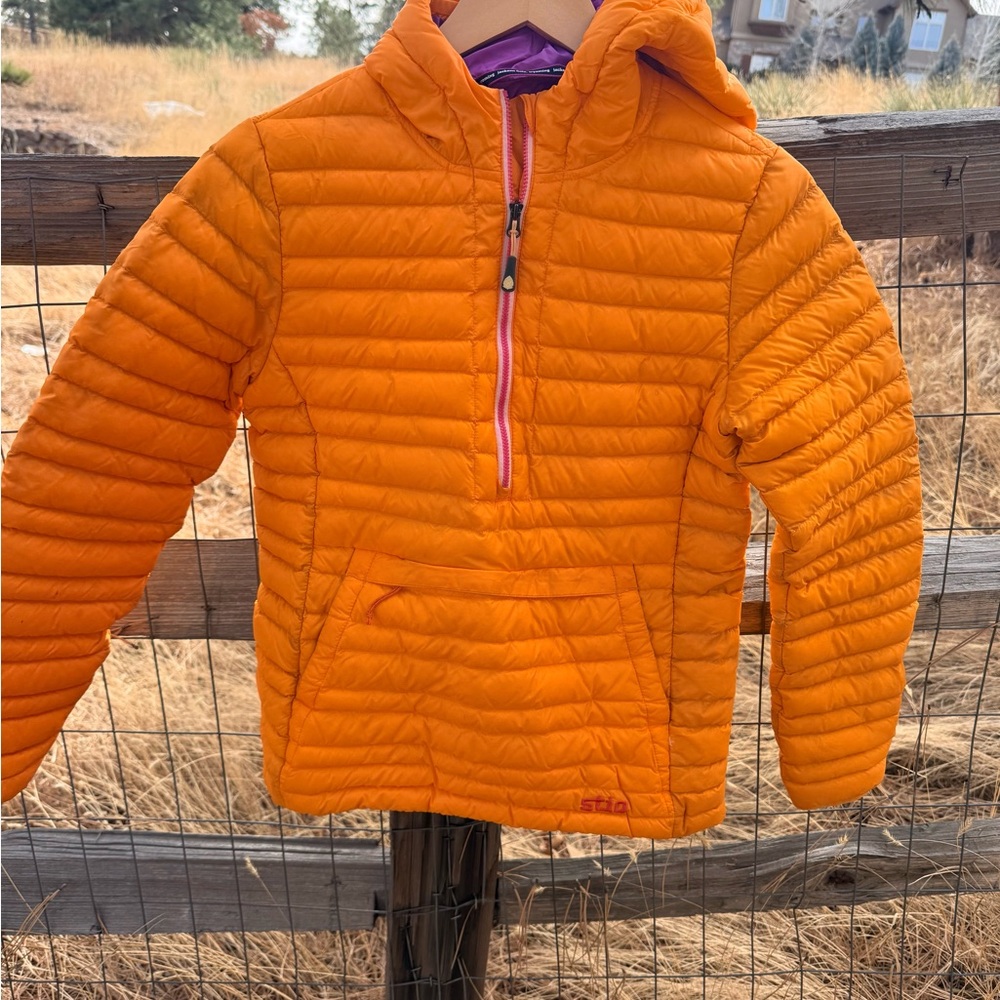 Stio Women’s Small Pinion Down Pullover - Vibrant Orange and Purple Jacket
